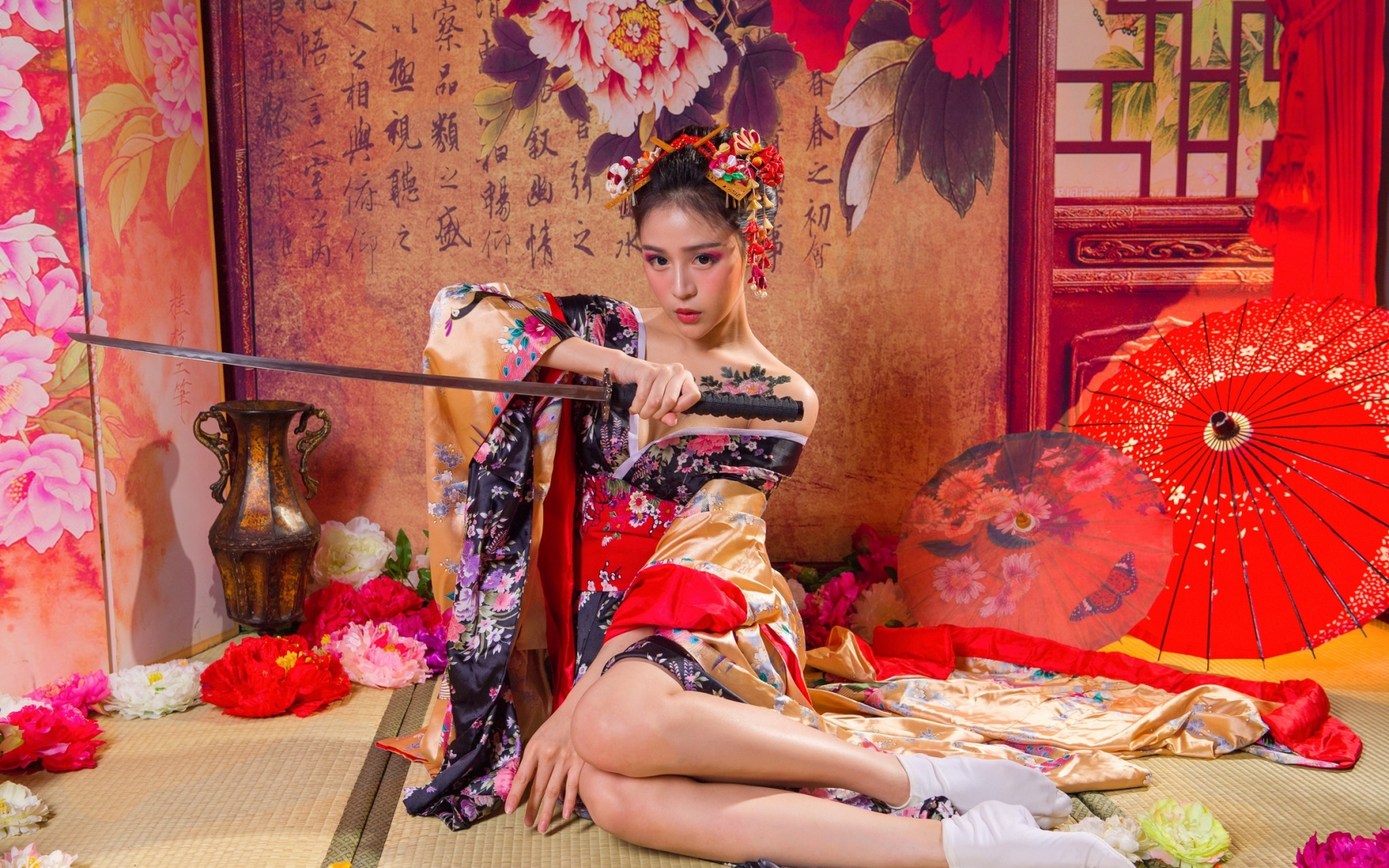 девушка, милая, симпатичная, азиатка, кимоно, меч