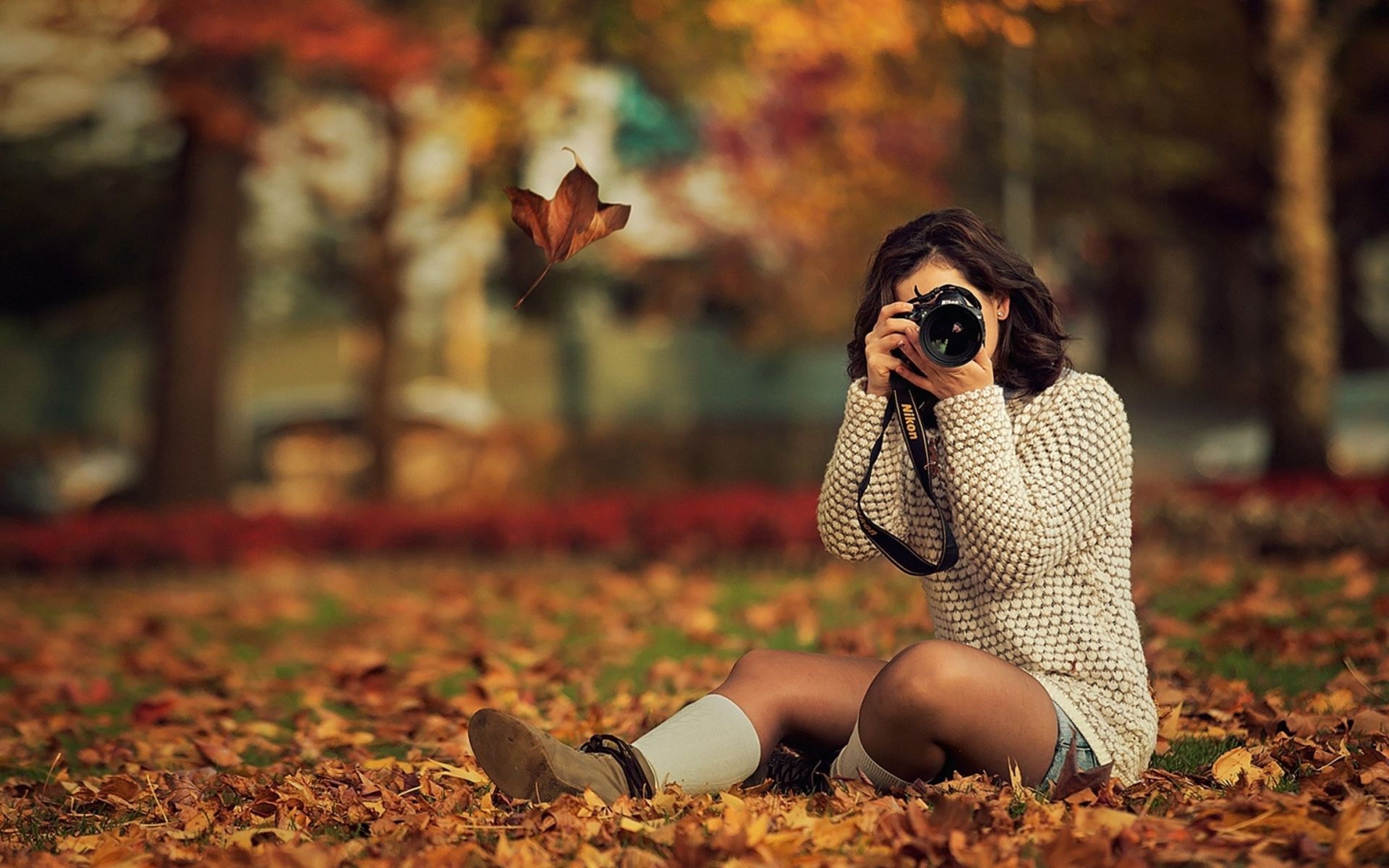 девушка, парк, фотограф, листья