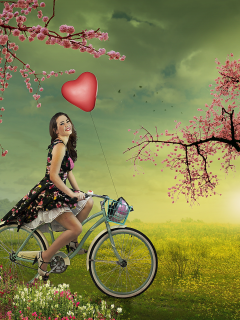 закат, поле, деревья, цветение, девушка, велосипед, улыбка, настроение