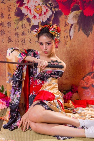 девушка, милая, симпатичная, азиатка, кимоно, меч