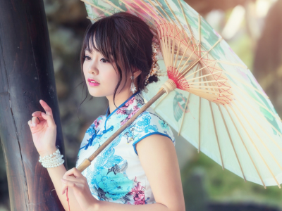 девушка, азиатка, позирует, с зонтиком