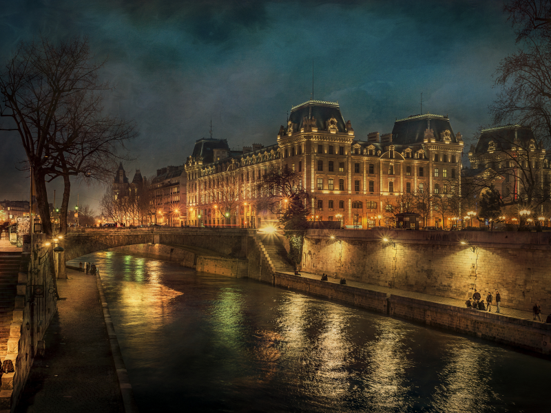 париж, франция, префектура, полиции, горд, ночь, мост, канал, река, дерево, фонари