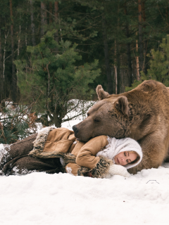 медведь, лес, девушка
