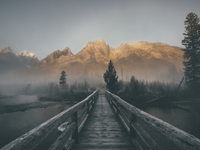 мост, горы, туман