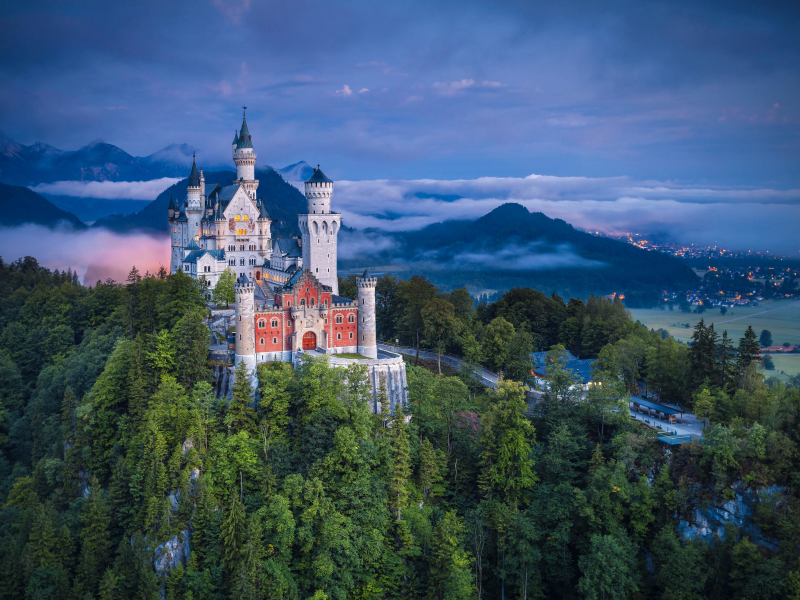 замок, нойшванштайн, бавария, германия, schloss, neuschwanstein, лес, небо, пейзаж, архитектура