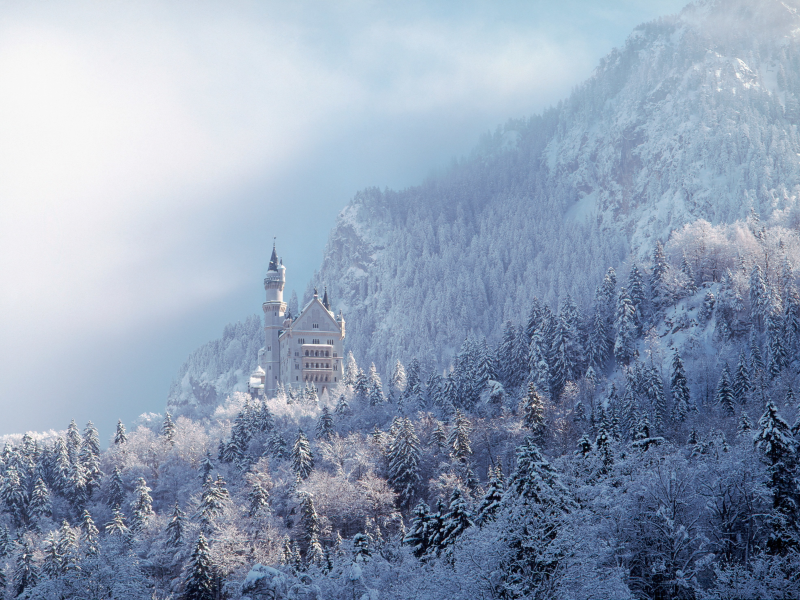 замок, нойшванштайн, бавария, германия, schloss, neuschwanstein, лес, небо, пейзаж, архитектура, зима, горы