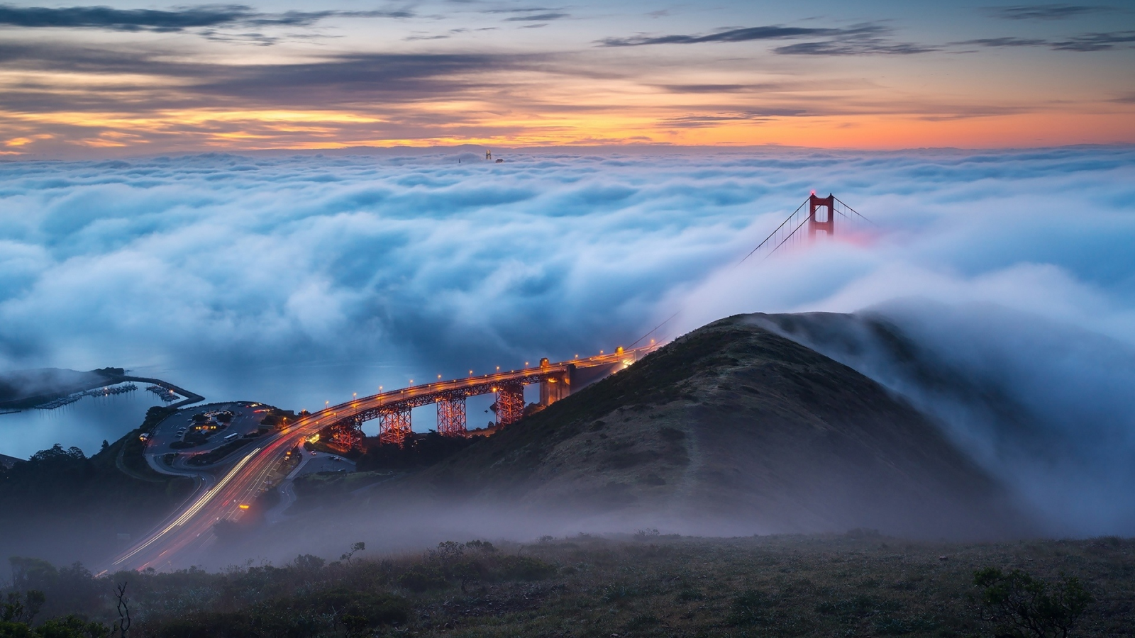 мост, утро, туман