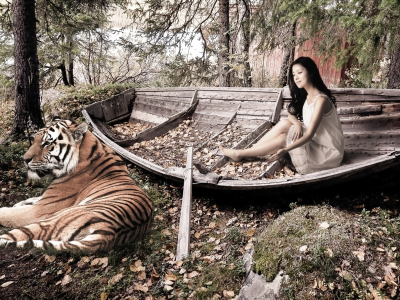 девушка, в лодке, тигр
