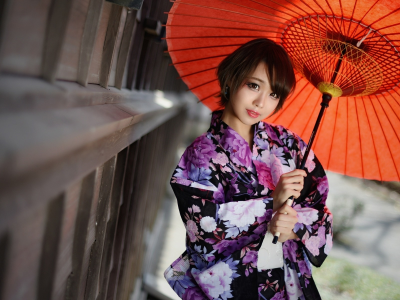 девушка, азиатка, позирует, с зонтиком