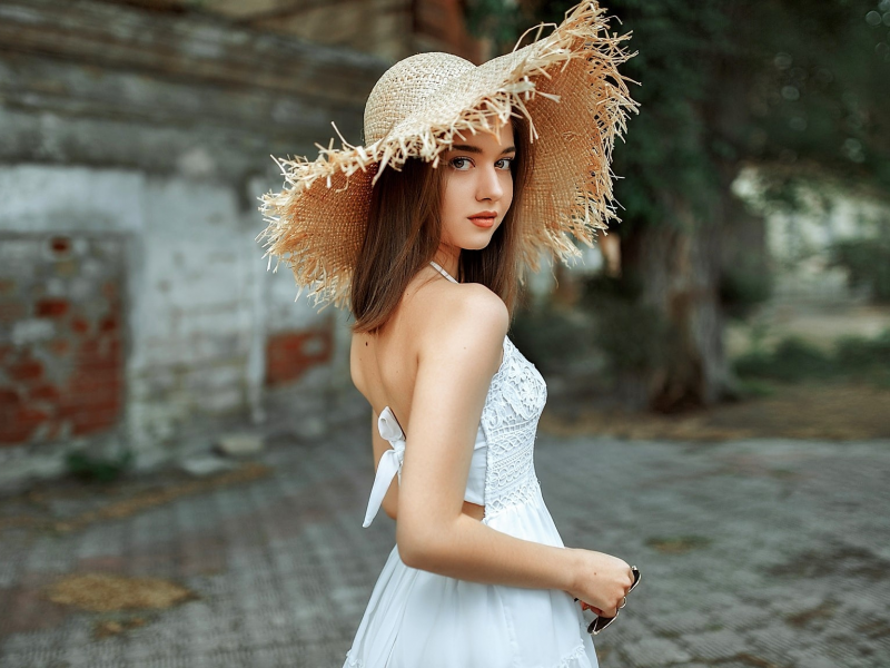 teen, model, beauty, brunette, white dress, hat