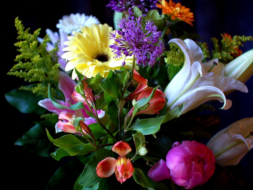 цветы, букет, лилии, ромашки