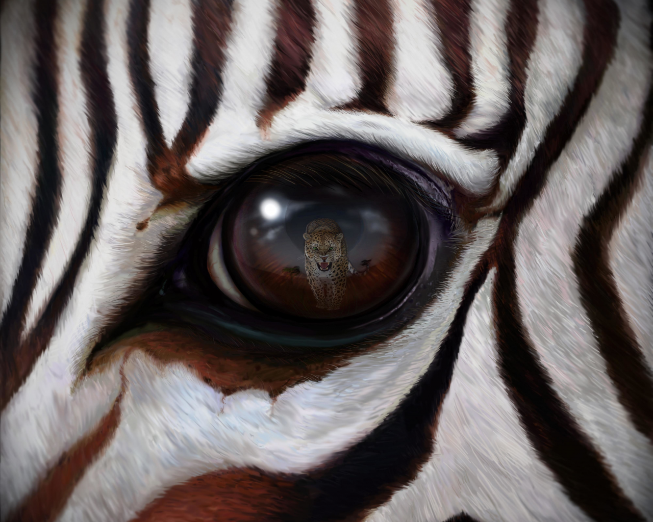 арт, зебра, глаз, отражение, взгляд, полоски, леопард, хищник, опасность