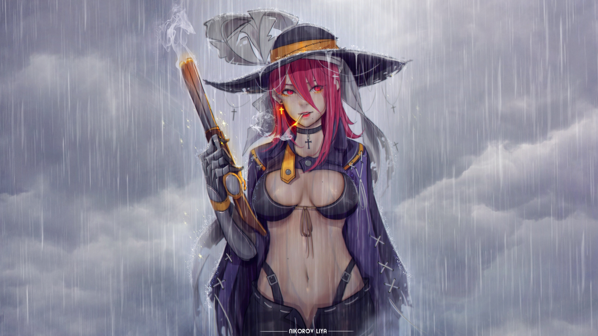 аниме, девушка, пистолет, шляпа, дождь