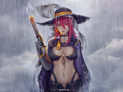 аниме, девушка, пистолет, шляпа, дождь