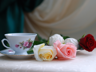 чашка, стол, цветы