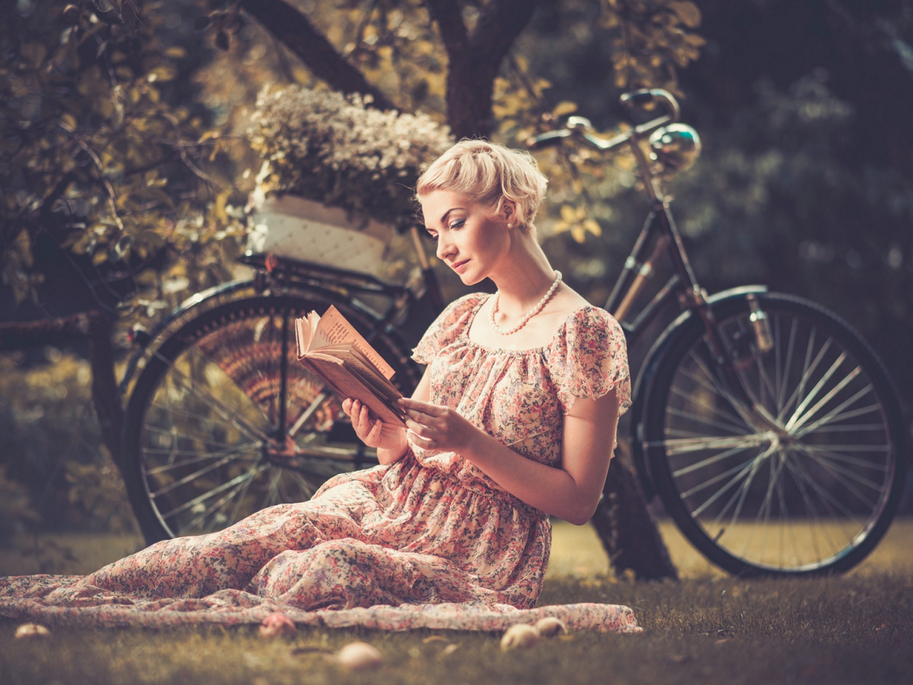 блондинка, милая, красивая, велосипед, книга