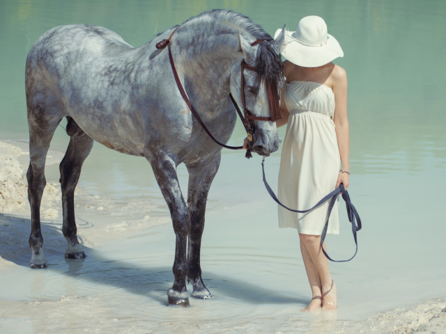 девушка, лошадь, река, вода