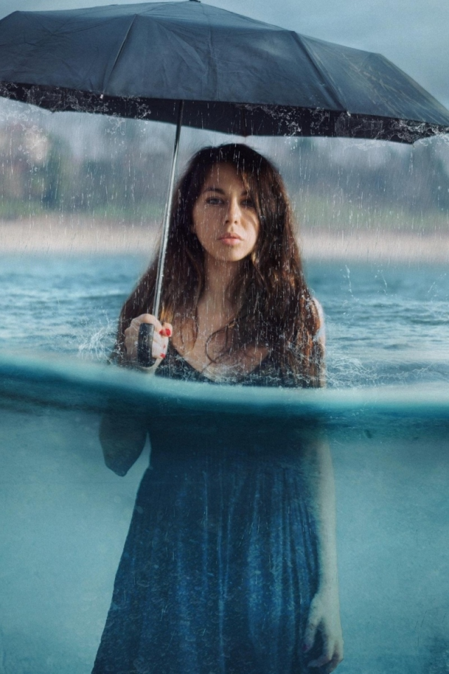 девушка, дождь, с зонтиком, в воде