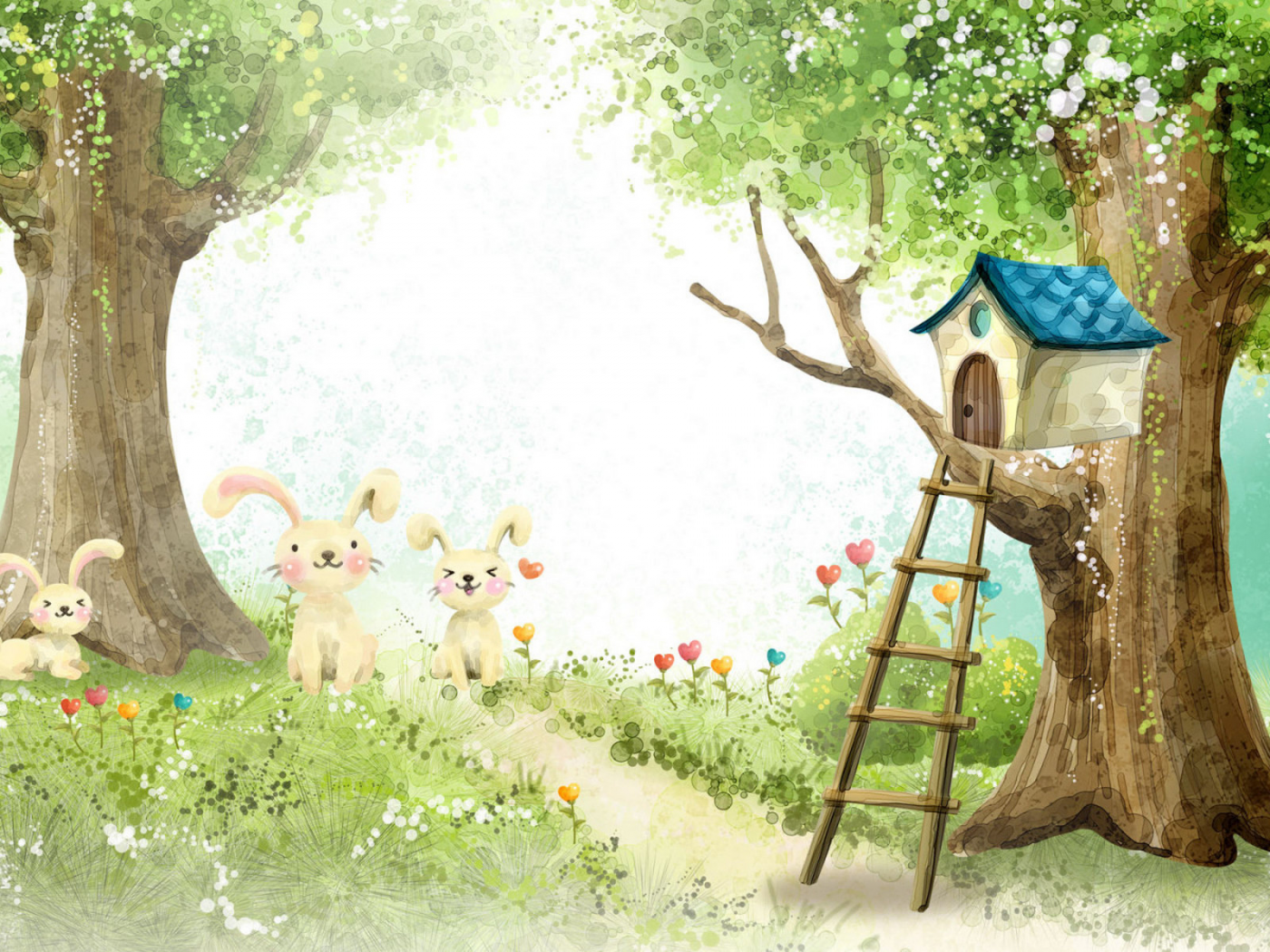 рисунок, зайцы, домик на дереве