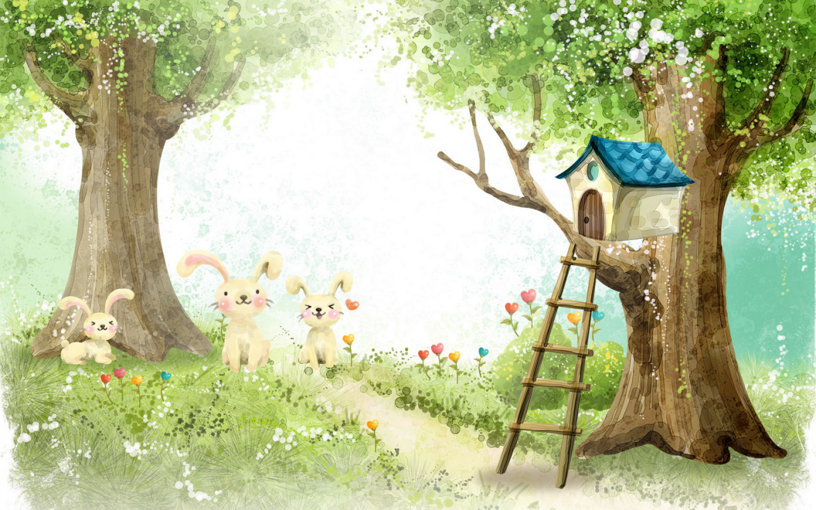 рисунок, зайцы, домик на дереве