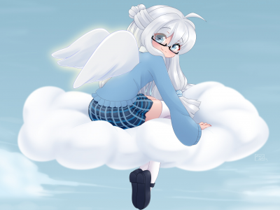 аниме, девушка, ангел, крылья, облако