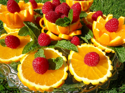 фрукты, малина, апельсины