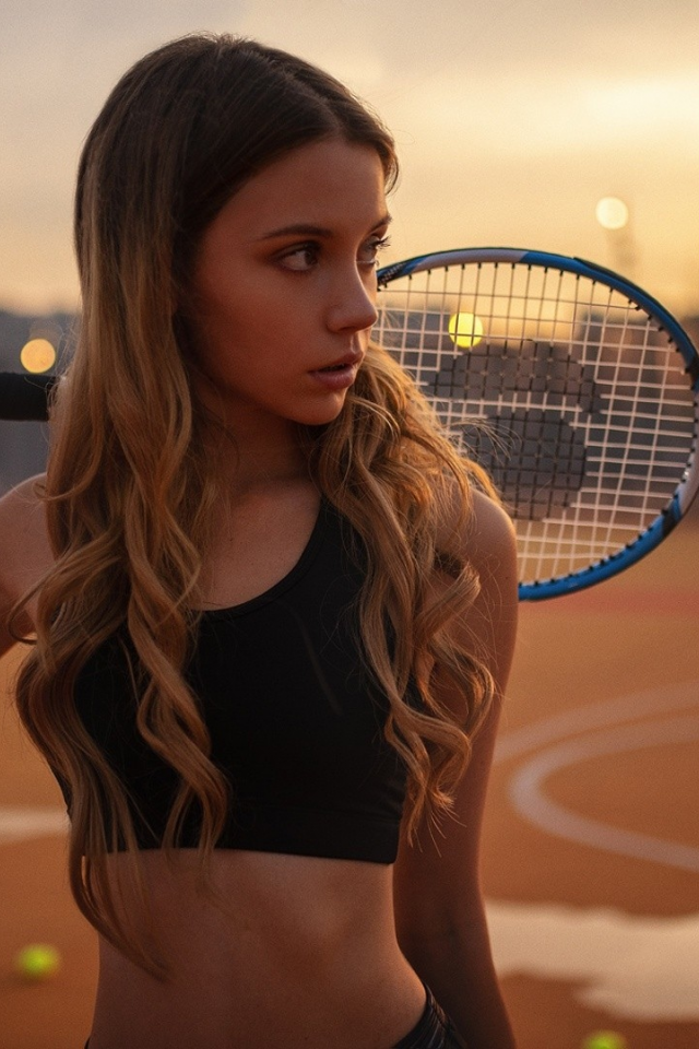 девушка, топик, теннис, ракетка, вечер