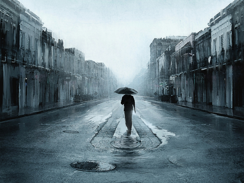 улица, дождь, мужчина с зонтиком