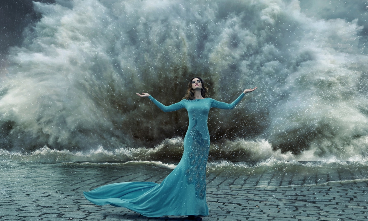 девушка, платье, вода, шторм