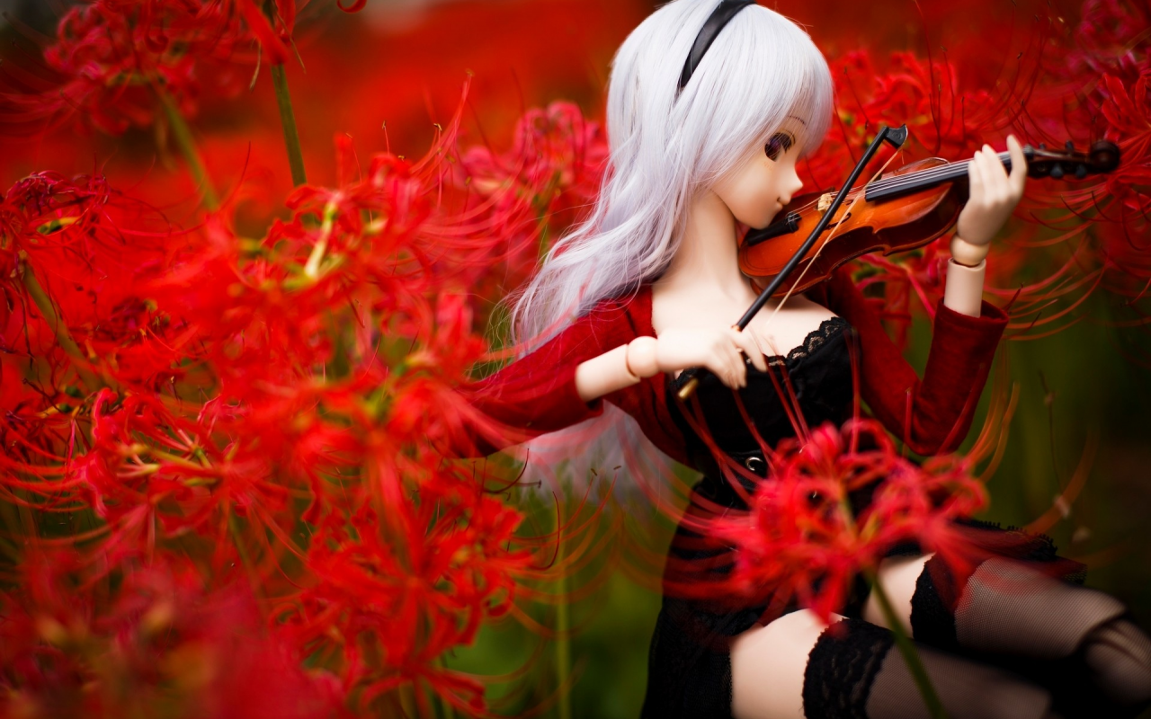 кукла, 3d, цветы, скрипка