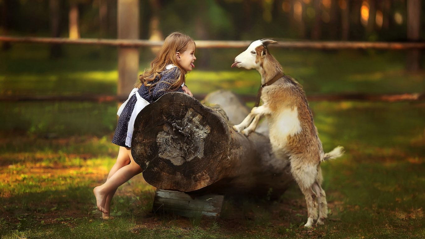 девочка, коза, природа, дети, животные