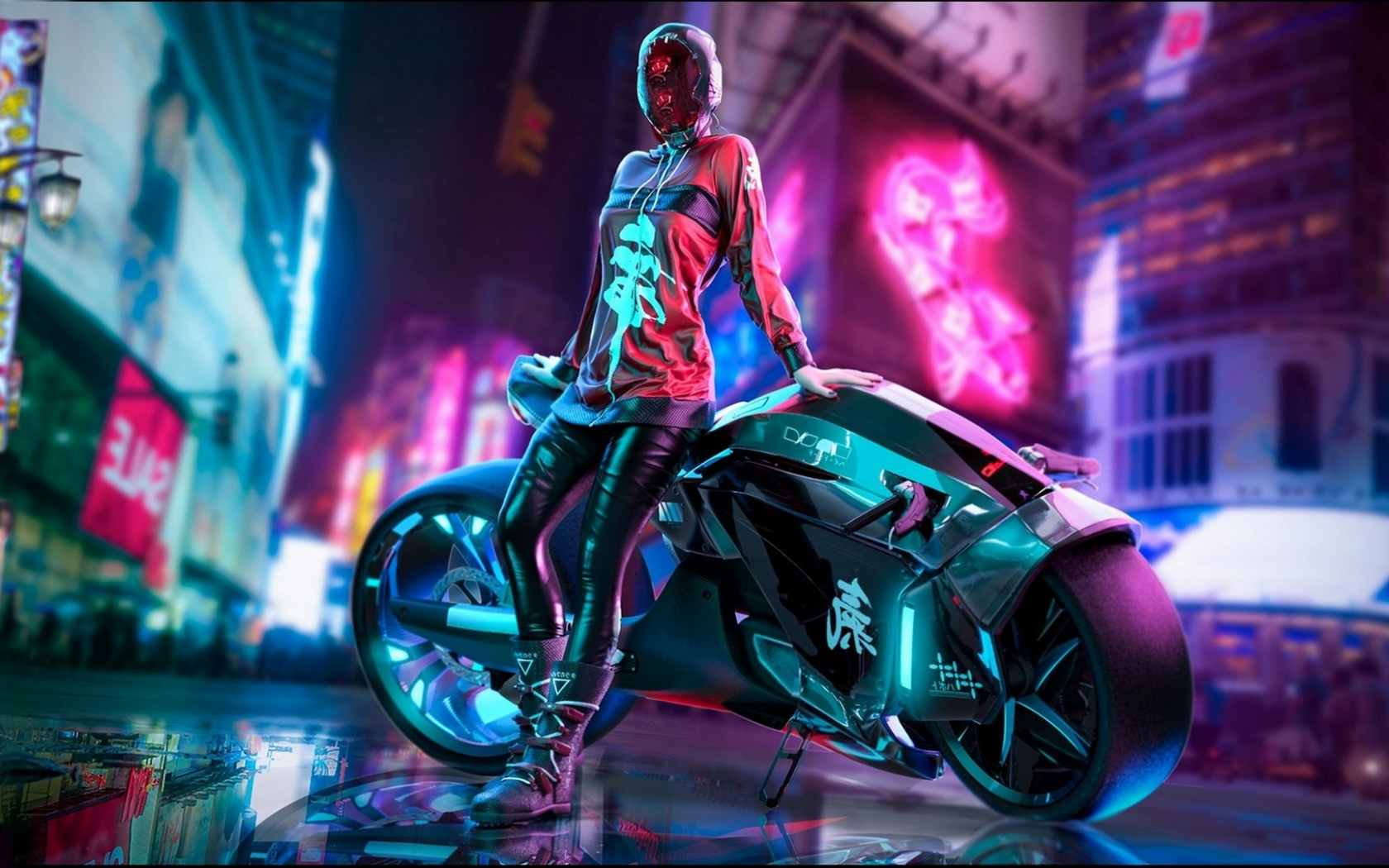 girl, city, neon, motorcycle, art, cyberpunk