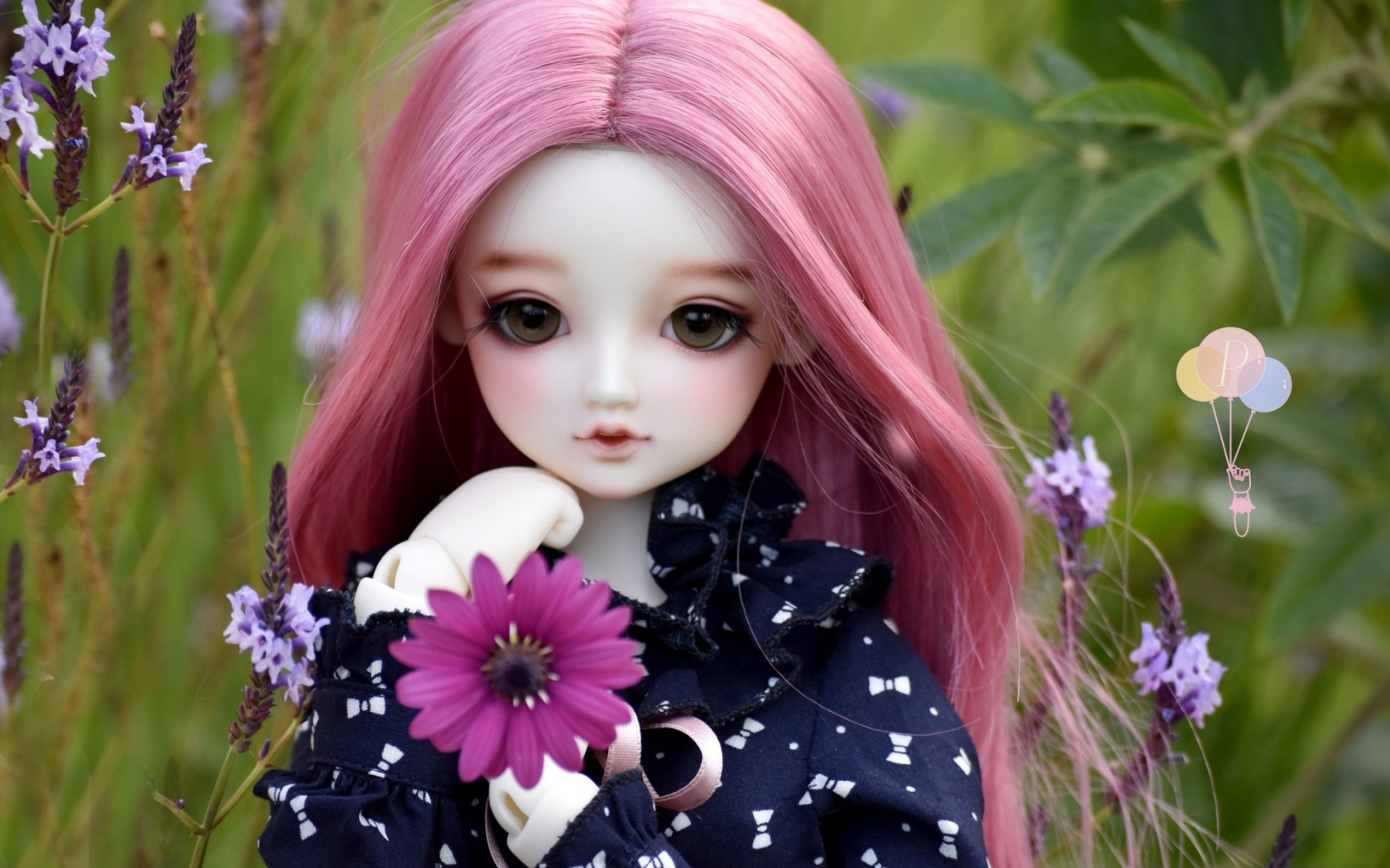 кукла, взгляд, цветы, трава