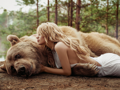 девушка, блондинка, животные, природа, медведь