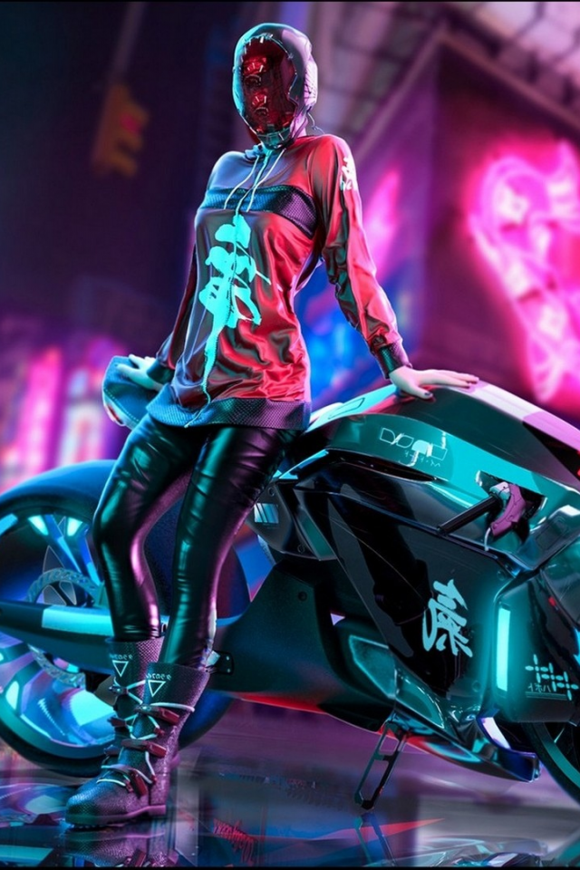 girl, city, neon, motorcycle, art, cyberpunk