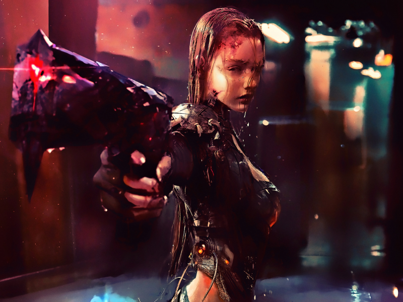 girl, warrior, cyberpunk, futuristic, artwork