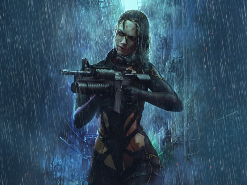 girl, rain, weapons, fantasy, cyberpunk