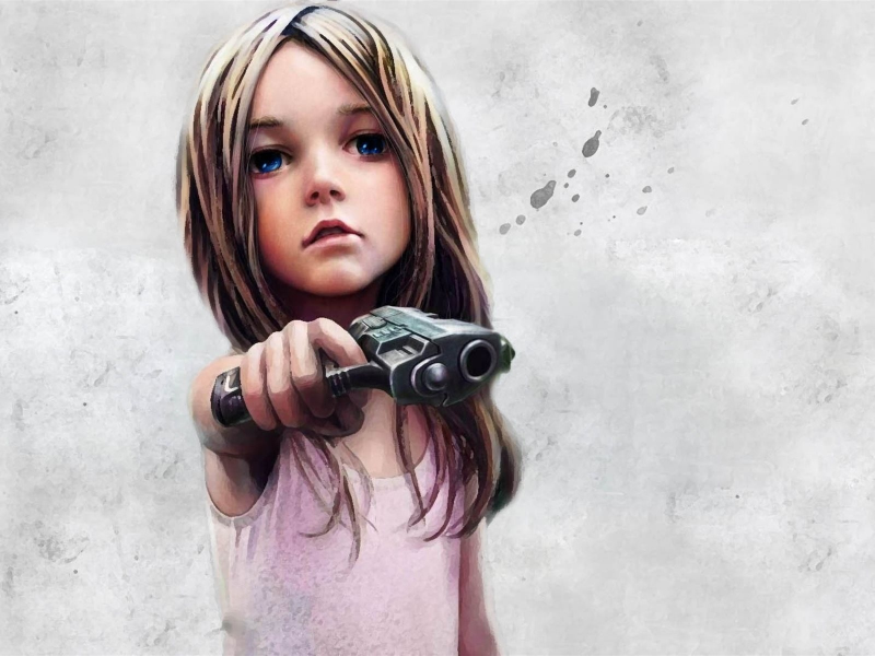 девочка, длинные волосы, оружие, пистолет, арт