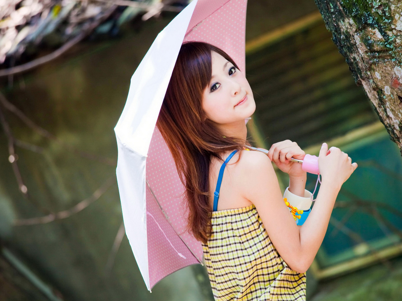 девушка, азиатка, взгляд, с зонтиком