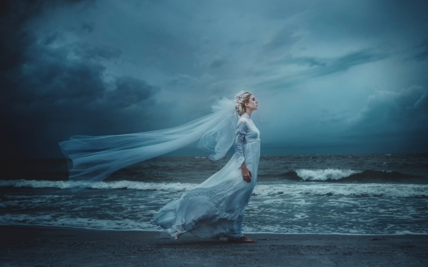 девушка, невеста, белое платье, море, волны