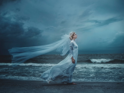 девушка, невеста, белое платье, море, волны