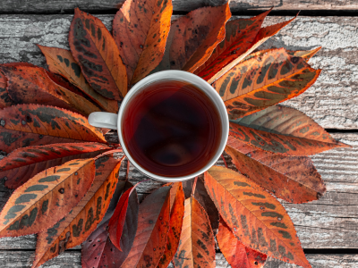 чай, осень, стол, листья