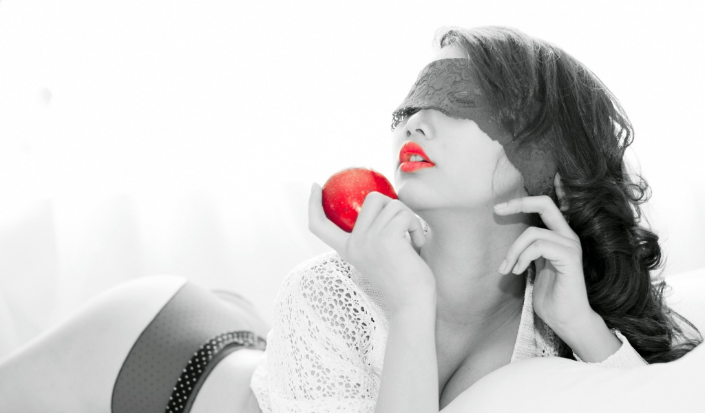 девушка, макияж, яблоко