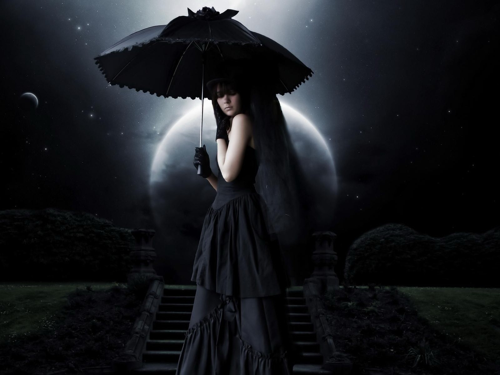 девушка, взгляд, ночь, луна, зонтик