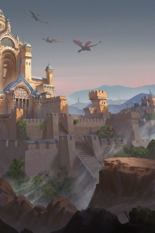 фэнтези, город, драконы, замок