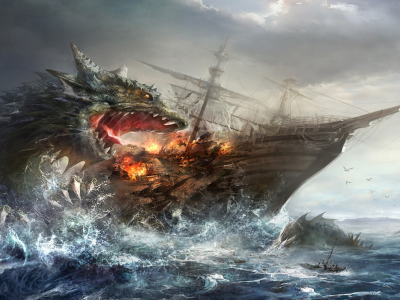 dragon, ship, attack