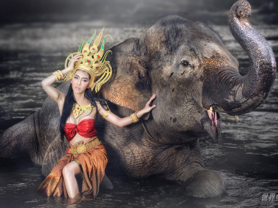 девушка артистка, со слоном