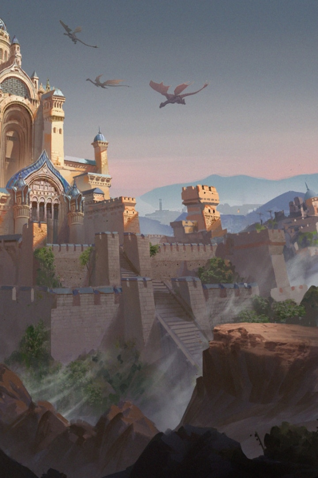 фэнтези, город, драконы, замок