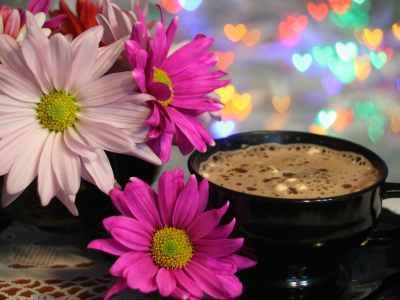 чашка, кофе, цветы