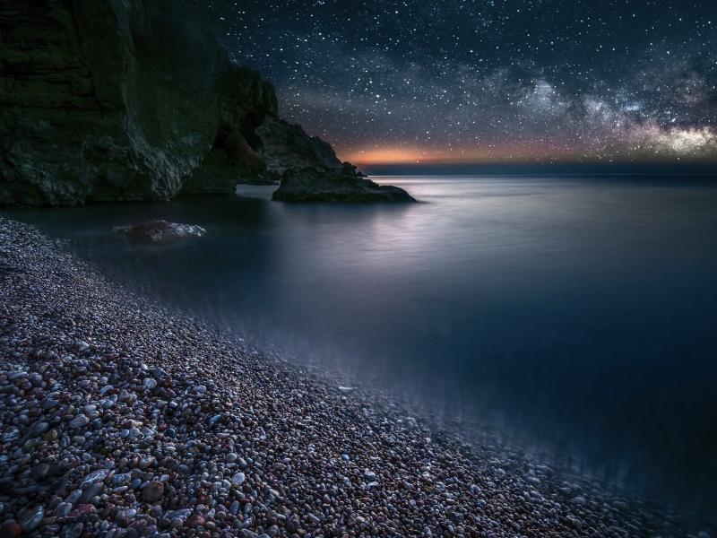 море, берег, ночь, звёзды